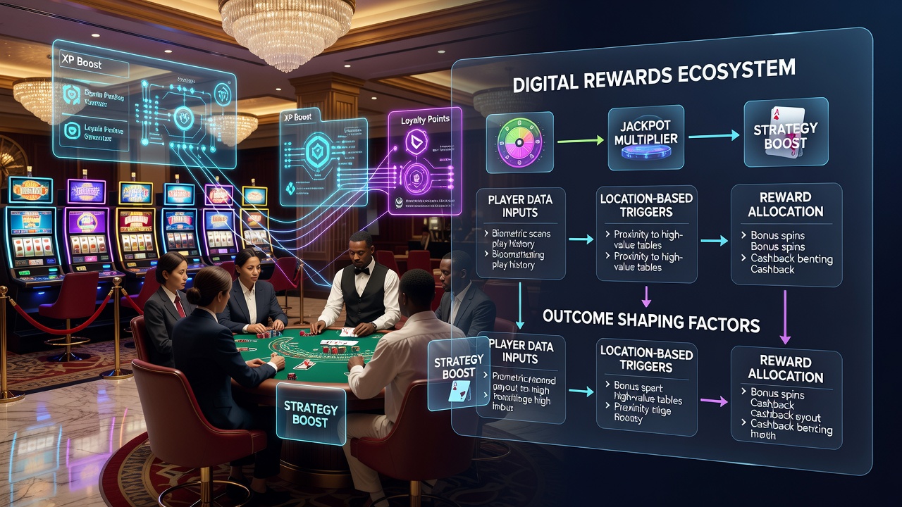Digital loyalty app interface overlaid on casino gaming area